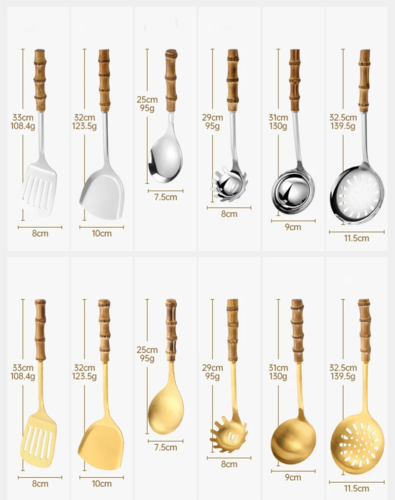 Color: light green - Natural bamboo handle stainless steel frying shovel Japanese-style soup spoon Creative new colander shovel kitchen utensils set