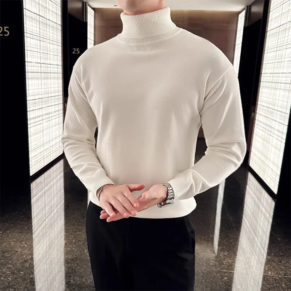 Color: black, Size: XL - Korean Fashion Autumn Winter Sweaters Men Pullovers Fleece Turtleneck Knitted Sweatshirt Warm Bottoming Shirts