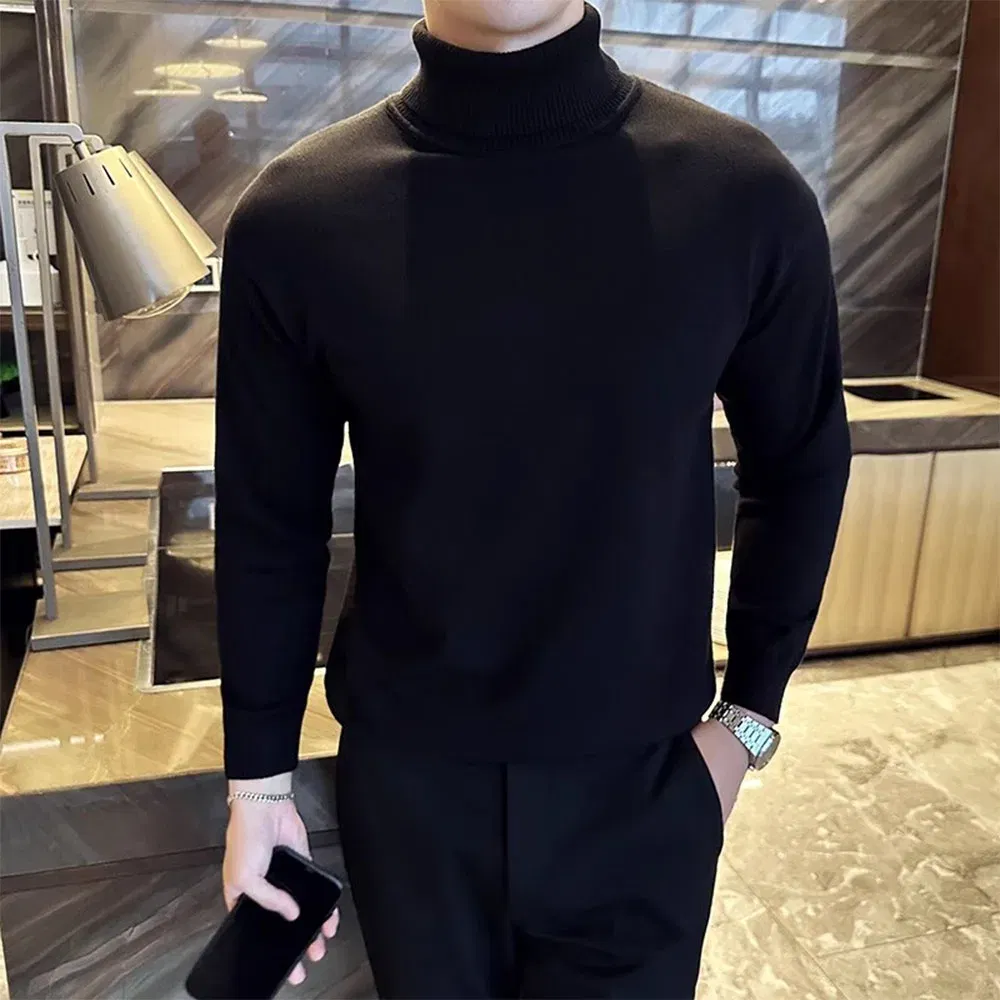 Color: black, Size: XL - Korean Fashion Autumn Winter Sweaters Men Pullovers Fleece Turtleneck Knitted Sweatshirt Warm Bottoming Shirts