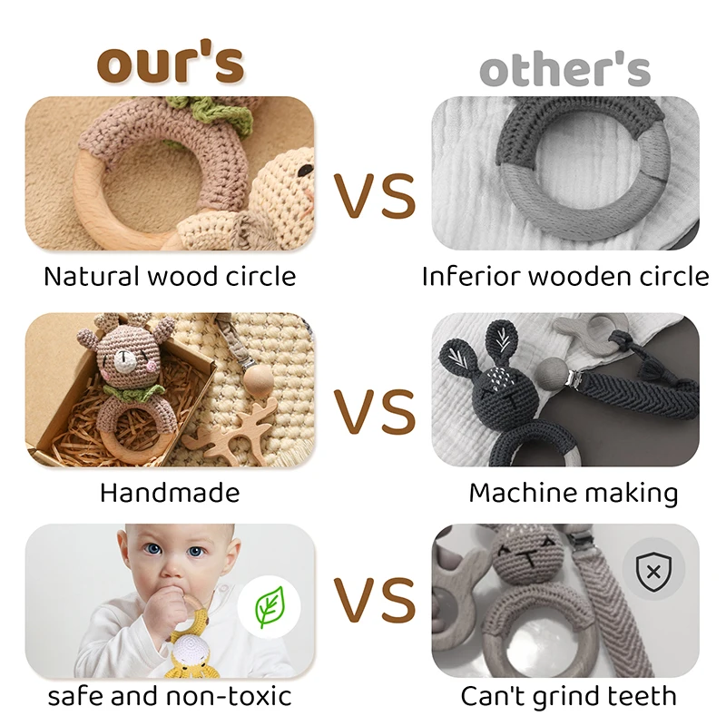 Color: Burgundy - Bopoobo 3PCS/5PCS Crochet Bunny Baby Teether Rattle Animal Beech Wood Teether Pacifier Chain Crochet Rattle For Newborn Baby