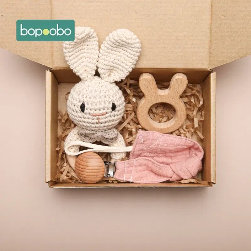 Color: Burgundy - Bopoobo 3PCS/5PCS Crochet Bunny Baby Teether Rattle Animal Beech Wood Teether Pacifier Chain Crochet Rattle For Newborn Baby