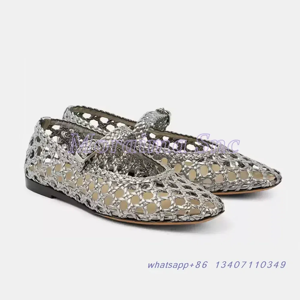 Color: Silver, Shoe Size: 41 - Hollow Woven Leather Ballet Shoes Flat With Round Toe Ankle Buckle Strap Fashion Shallow Women Shoes Mary Janes Summer New 2025