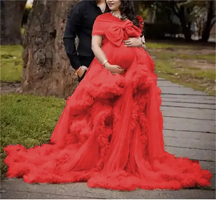 Color: Red, Maternity Size: 8, Ships From: CHINA - BIG BOW Tulle Ruffle maternity dresses photoshoot baby shower п?»?°?‚ь?µ д?»я ?±?µр?µм?µнн?‹?… فس?§تي?† ?­?&e