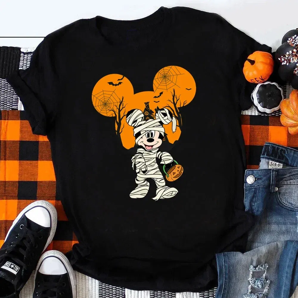 Color: army green, Kid Size: 6 - Funny Mickey Minnie Mummy Print Disney Children Cotton T Shirts Trick Treat Fashion Halloween Cute Kid Clothes Girls Streetwear