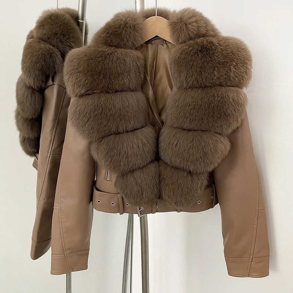 Color: ROYAL BLUE, Size: L - Fake Leather Coat New Natural Fox Fur Autumn Short Faux Leather Jacket Female Spring PU Women Long Sleeve Real Fur Coat Thin