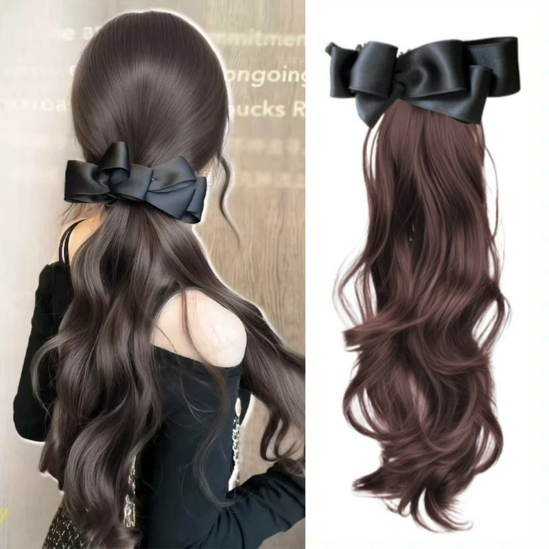 Color: #30, Stretched Length: 18inches - Elegant Synthetic Silk Bowknot Banana Claw Clip Ponytail Wig With Grab Clip Long Wavy Layered Ponytail for Women Daily Use