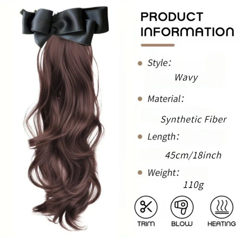 Color: #30, Stretched Length: 18inches - Elegant Synthetic Silk Bowknot Banana Claw Clip Ponytail Wig With Grab Clip Long Wavy Layered Ponytail for Women Daily Use
