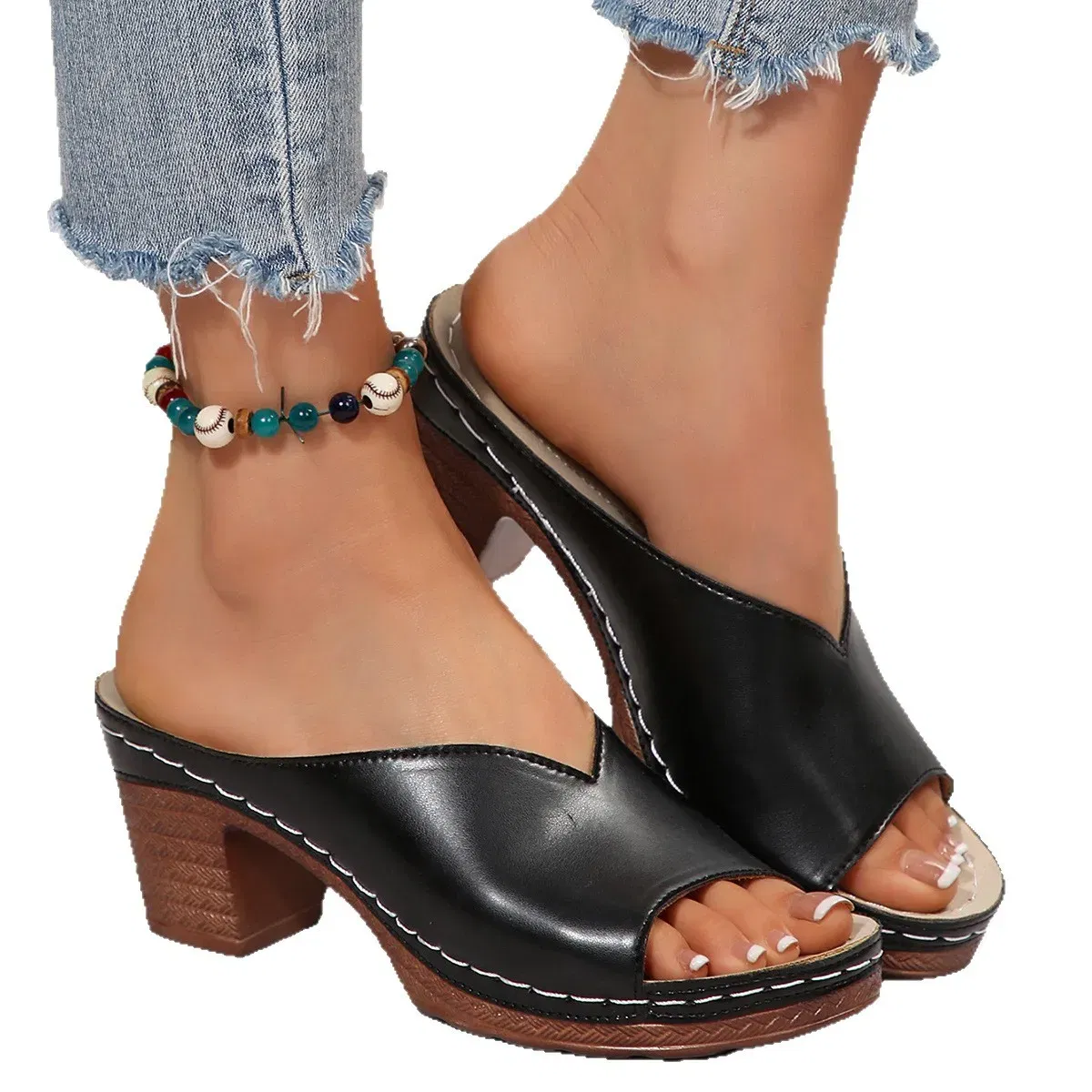 Color: Gold, Shoe Size: 41 - Women's Open-Toe High-Heel Slippers Summer New Fashion Outdoor Wear Slip-On Shoes 36-43 Sizes Polyurethane Upper Cushioning