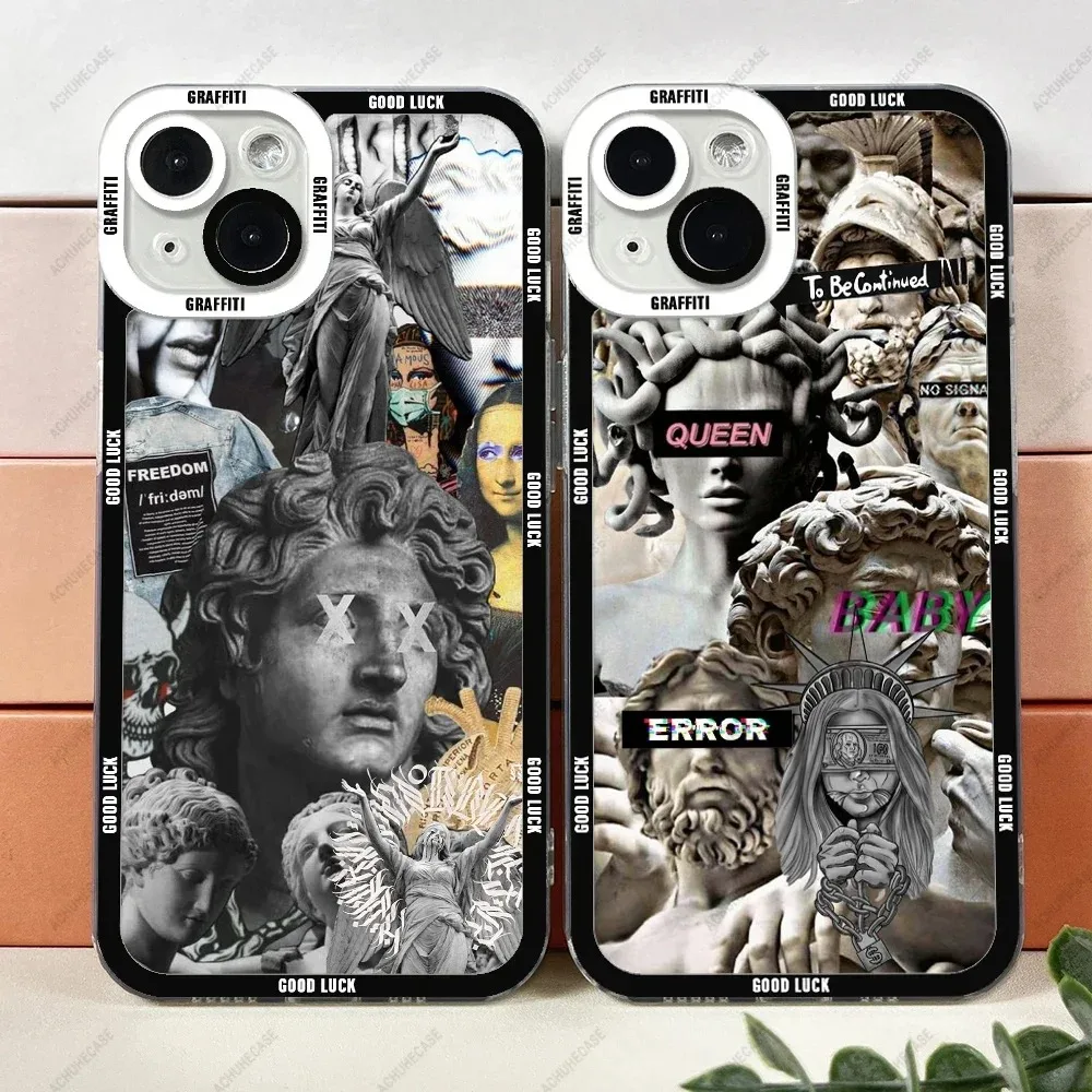 Color: GRAY, Material: PU - Aesthetic Statue Art Phone Case For iPhone 16 15 14 13 12 11 Pro Max XS X XR Plus Mini Luxury Transparent Soft Funda