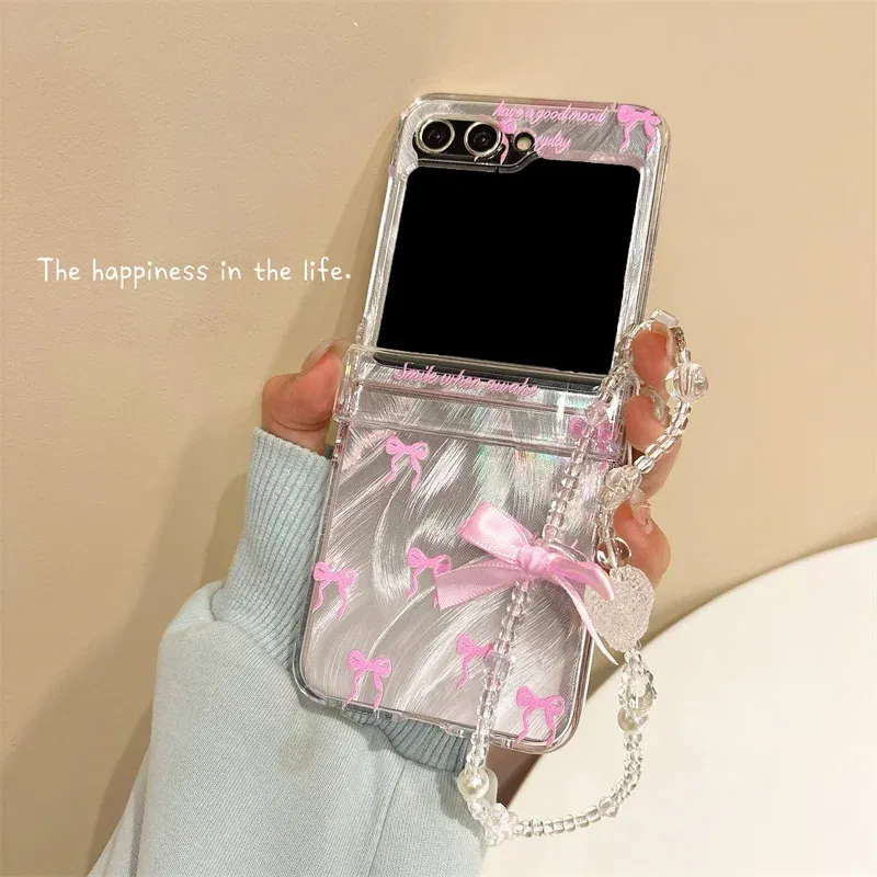 Color: GRAY, Material: EVA - For Samsung Galaxy Z Flip 3 4 5 6 Case Cute Pink Black Bow Feather Cards Bracelet Cover For Samsung Z Flip3 Flip4 ZFlip5