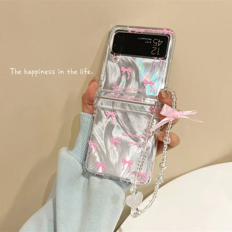 Color: GRAY, Material: EVA - For Samsung Galaxy Z Flip 3 4 5 6 Case Cute Pink Black Bow Feather Cards Bracelet Cover For Samsung Z Flip3 Flip4 ZFlip5