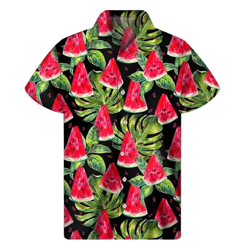 Color: Brown, Size: S - Tropical Watermelon Graphic Hawaiian Shirt Summer Street Short Sleeves 3d Printed Fruits Button Shirts Men Clothes Lapel Blouse