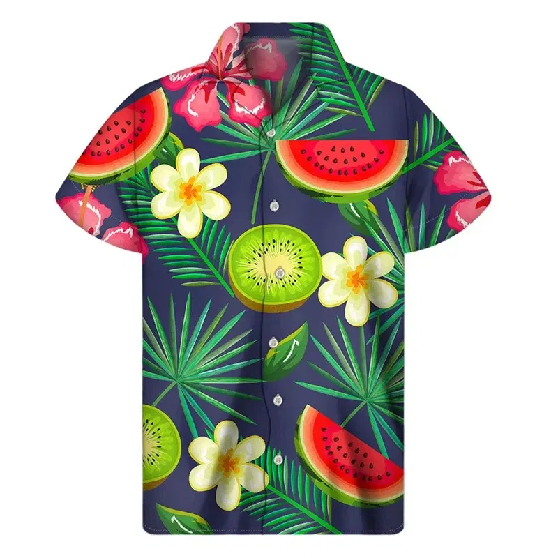 Color: Brown, Size: S - Tropical Watermelon Graphic Hawaiian Shirt Summer Street Short Sleeves 3d Printed Fruits Button Shirts Men Clothes Lapel Blouse