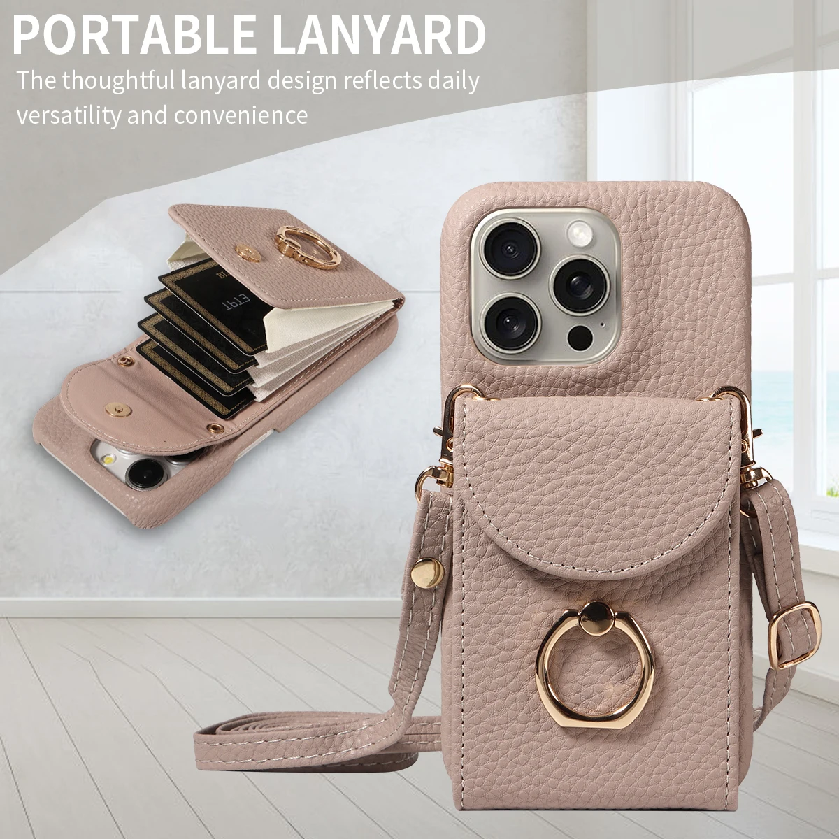 Color: Khaki, Compatible-Phone Models: For iPhone 15, Bundle: Case & Strap, Material: Artificial Leather - High Quality Ring Stand Lychee Pattern Phone Case for IPhone16promax15 14 13 Crossbody with Lanyard PU Leather Anti-fall Cover