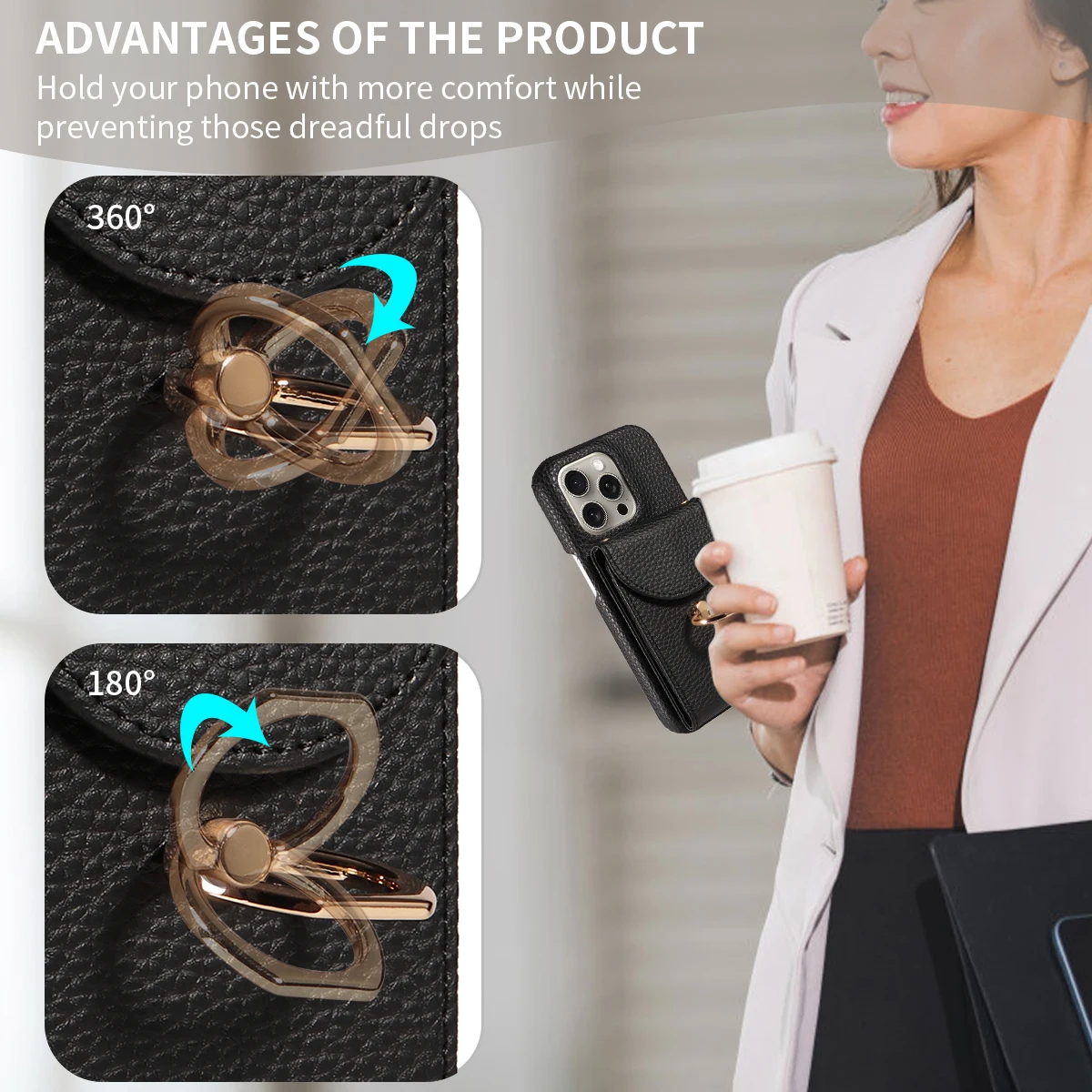 Color: Khaki, Compatible-Phone Models: For iPhone 15, Bundle: Case & Strap, Material: Artificial Leather - High Quality Ring Stand Lychee Pattern Phone Case for IPhone16promax15 14 13 Crossbody with Lanyard PU Leather Anti-fall Cover