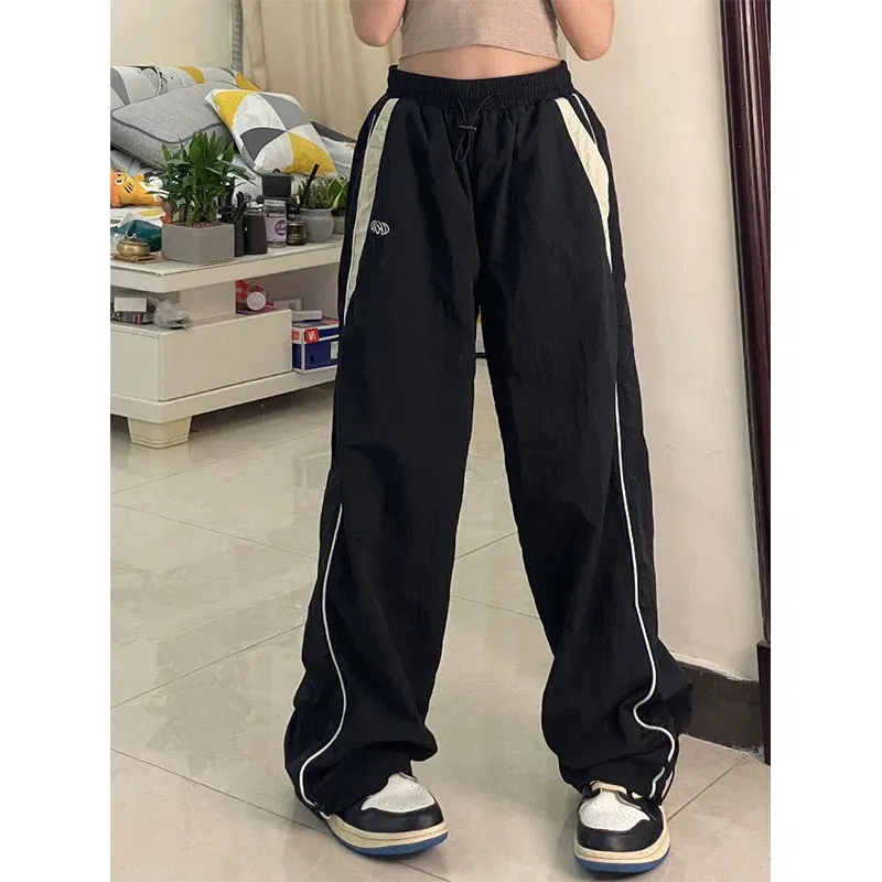 Color: Brown, Size: M - Women Spring Retro Solid Loose Drawstring Trousers Casual Joggers Baggy Wide Leg Sweatpants Mid Waist Sporty Y2k Female Clothes