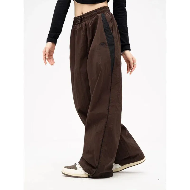 Color: Brown, Size: M - Women Spring Retro Solid Loose Drawstring Trousers Casual Joggers Baggy Wide Leg Sweatpants Mid Waist Sporty Y2k Female Clothes