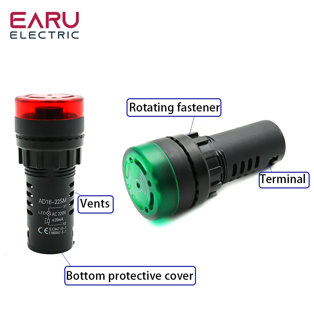 Color: Black - AD16-22SM 22mm Panel Diameter AC 12V 24V 110V 220V Flash Signal Light Red LED Active Buzzer Beep Alarm Indicator Green Yellow