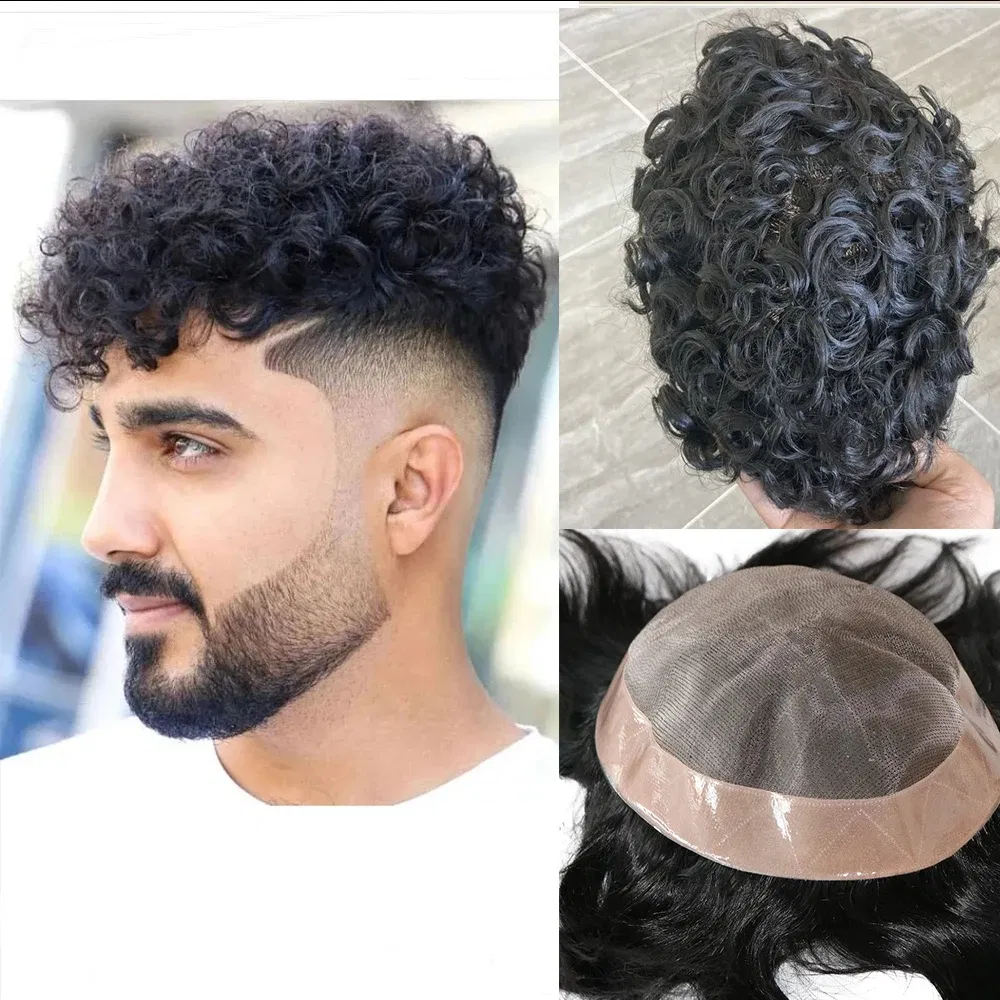 Toupee Color: 20R#, Toupee Density: 130%, Length: 6 inches, Toupee Size: 7x9, Toupee Design: free - 20MM Curly Brown Black Super Durable Mono Lace&Pu Mens Toupee Wig Human Hair 15mm Capillary Prosthesi Weave Replacement For Male