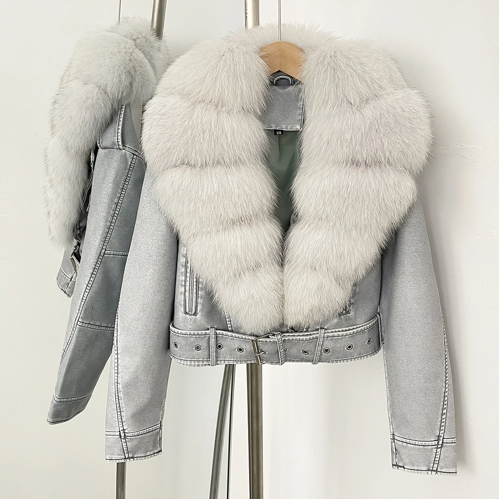 Color: Blue, Size: L - Fake Leather Coat New Natural Fox Fur Autumn Short Faux Leather Jacket Female Spring PU Women Long Sleeve Real Fur Coat Thin