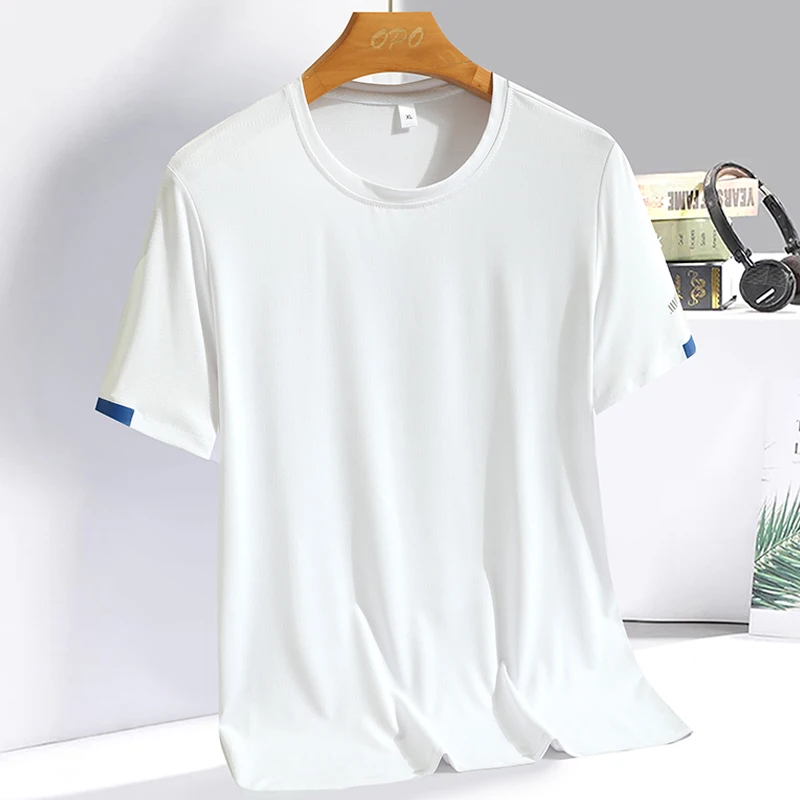 Color: SKY BLUE, Size: 5XL - Men's Silk Ice Round Collar T-shirt, Simple Running Fitness Suit, Breathable Thin T-shirt, Quick Dry T-shirt, Summer