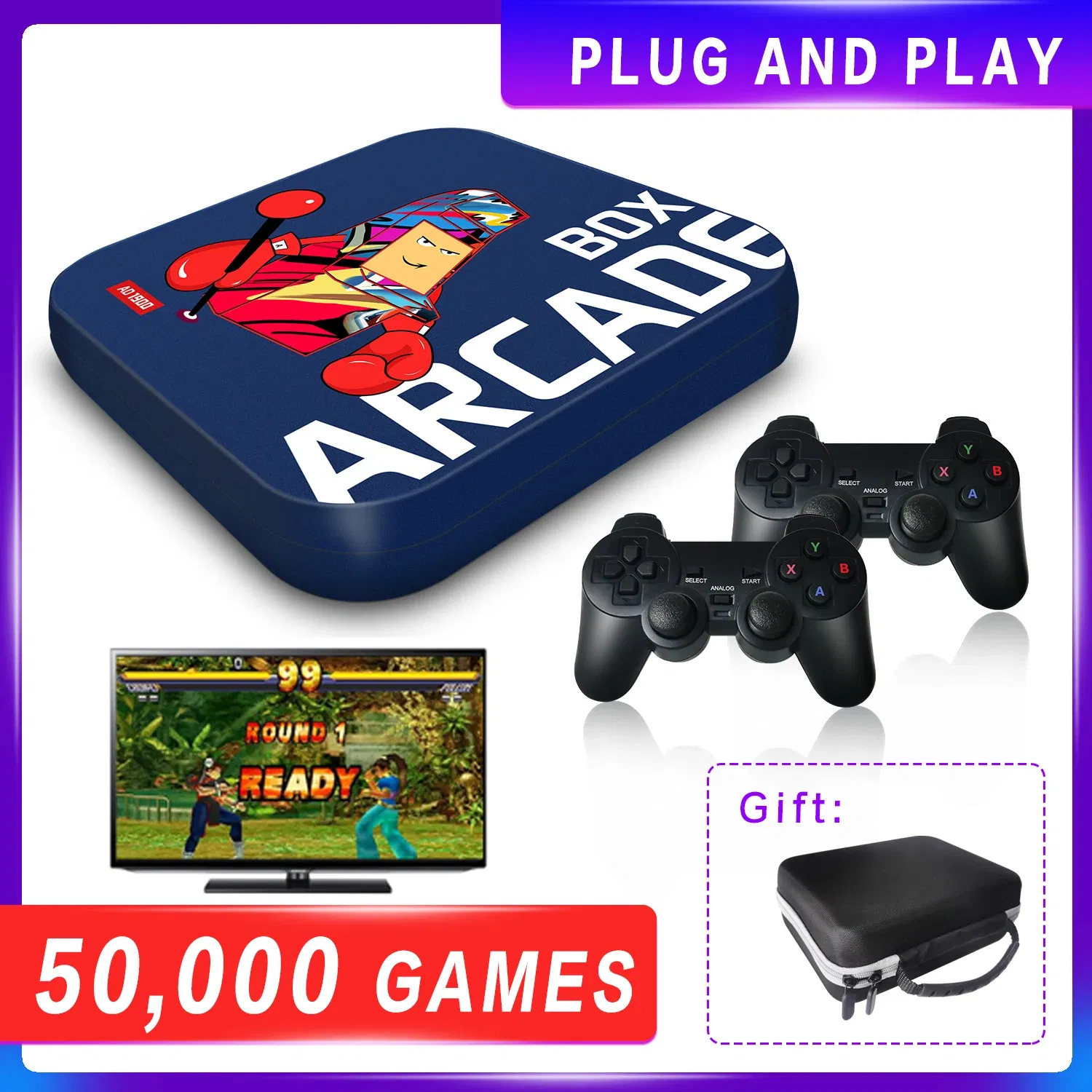Color: Blue, Bundle: Bundle 2 - Arcade Box Retro Game Console for PS1/PSP/N64 Built-in 50 Emulator Video Game Console TV Box Classic Game Box with Controller