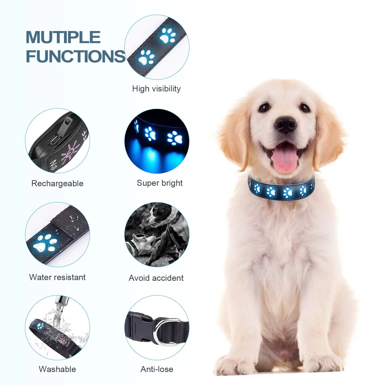 Color: WHITE, Size: M - 7 Modes Led Dog Collar Bone Colourful Light Luminous Dog Collar USB Chargeable Swimming Bright Night Pet Accessories