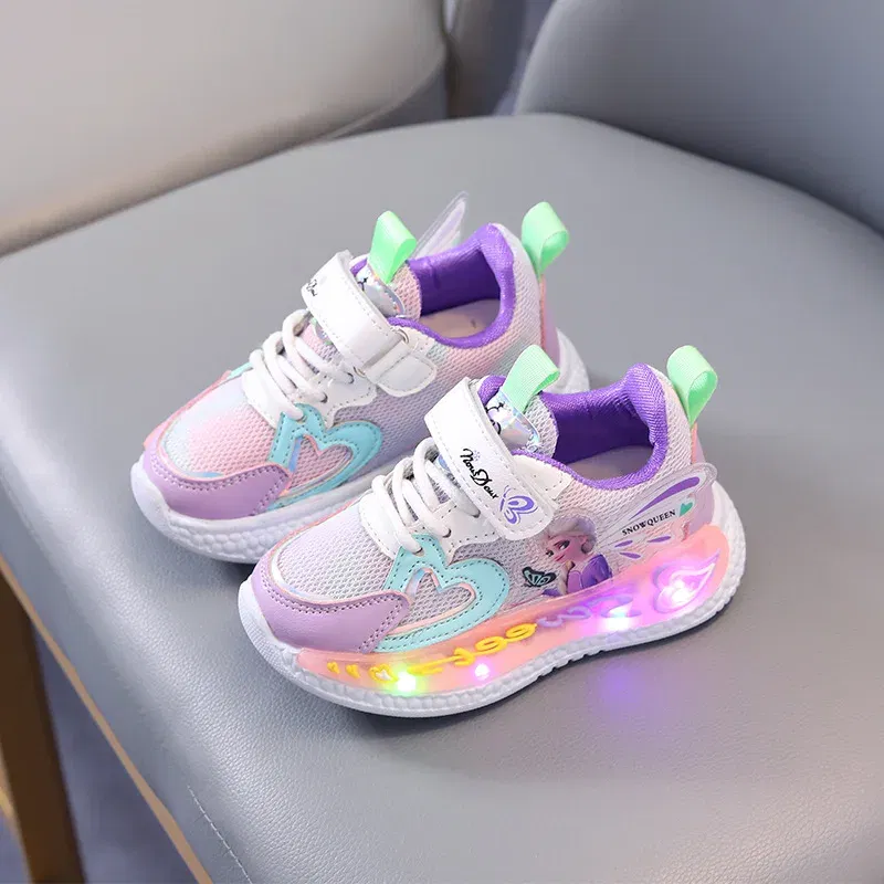 Color: PURPLE, Shoe Size: 19 - Disney Children Led Shoes Kids Girls Sneakers Frozen Elsa Princess Lighting Shoes Pink Purple Casual Sports Shoes Size 21-31