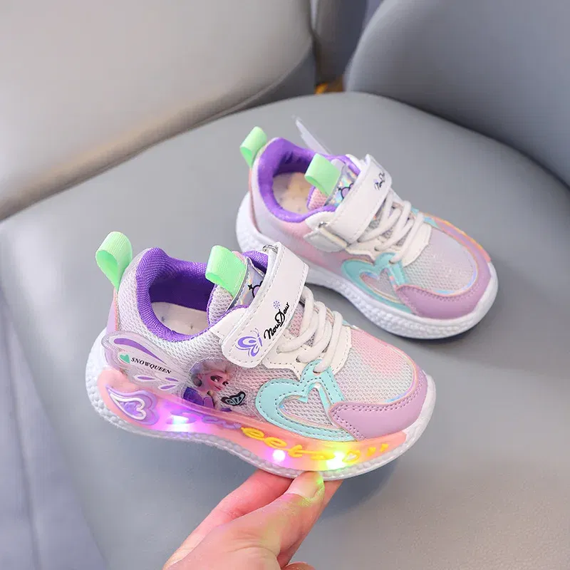 Color: PURPLE, Shoe Size: 19 - Disney Children Led Shoes Kids Girls Sneakers Frozen Elsa Princess Lighting Shoes Pink Purple Casual Sports Shoes Size 21-31