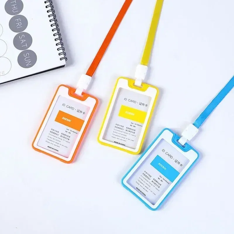 Color: ROSE RED - Unisex Colorful Employee Id Case with Lanyard Double Side Id Credit Card Holder Access Bus Card Case Badge Holder Card Sleeve