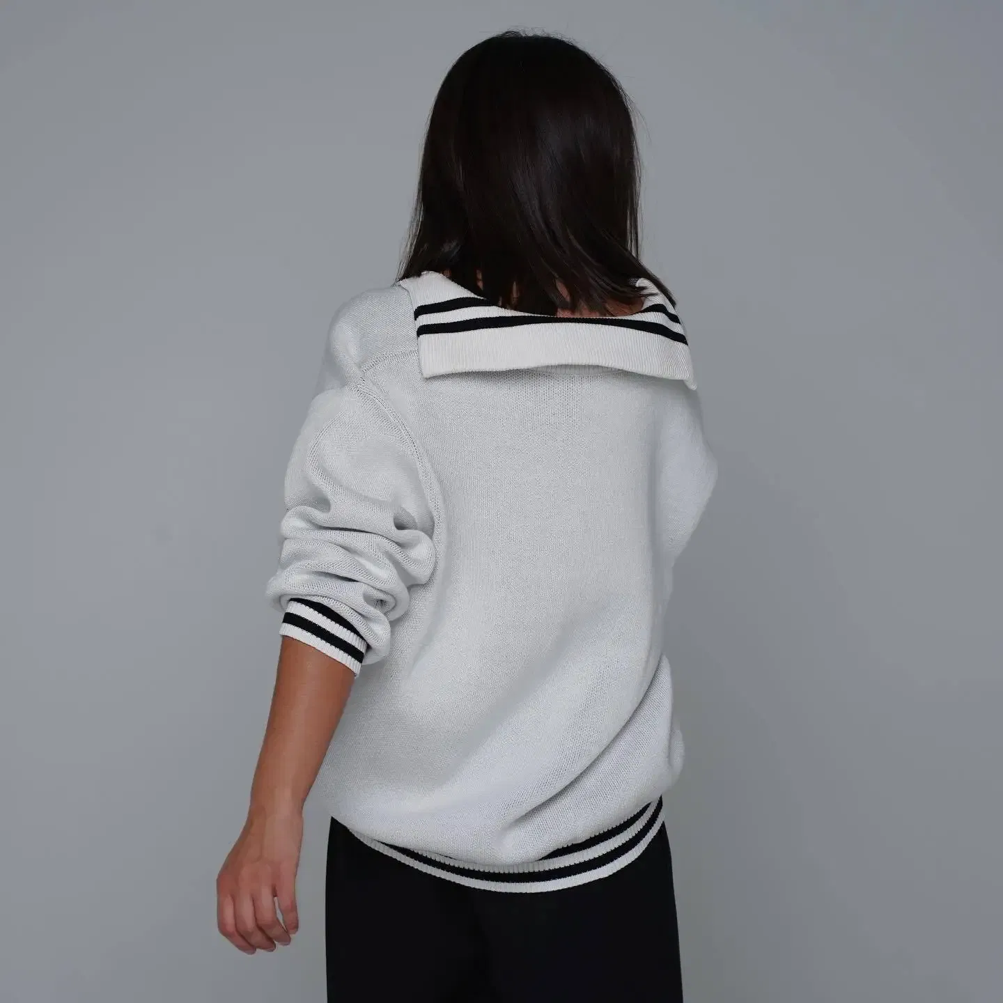Color: WHITE, Size: S - JHJN Autumn V-Neck Sweater Women Patchwork Letter Streety Tops Loose Casual Pullovers Long-Sleeved Knitted Shirts Women Sweater