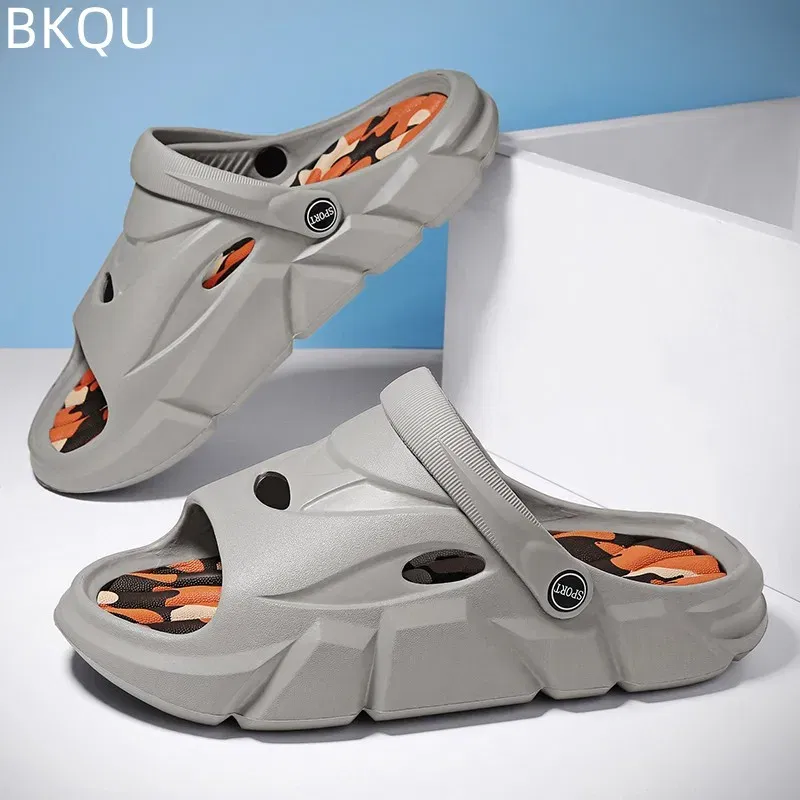 Color: Beige, Shoe Size: 44 - Men's Beach Slippers Round Toe Lightweight Flat Bottom Waterproof Comfortable Trend Versatile Breathable Non-slip Large Size