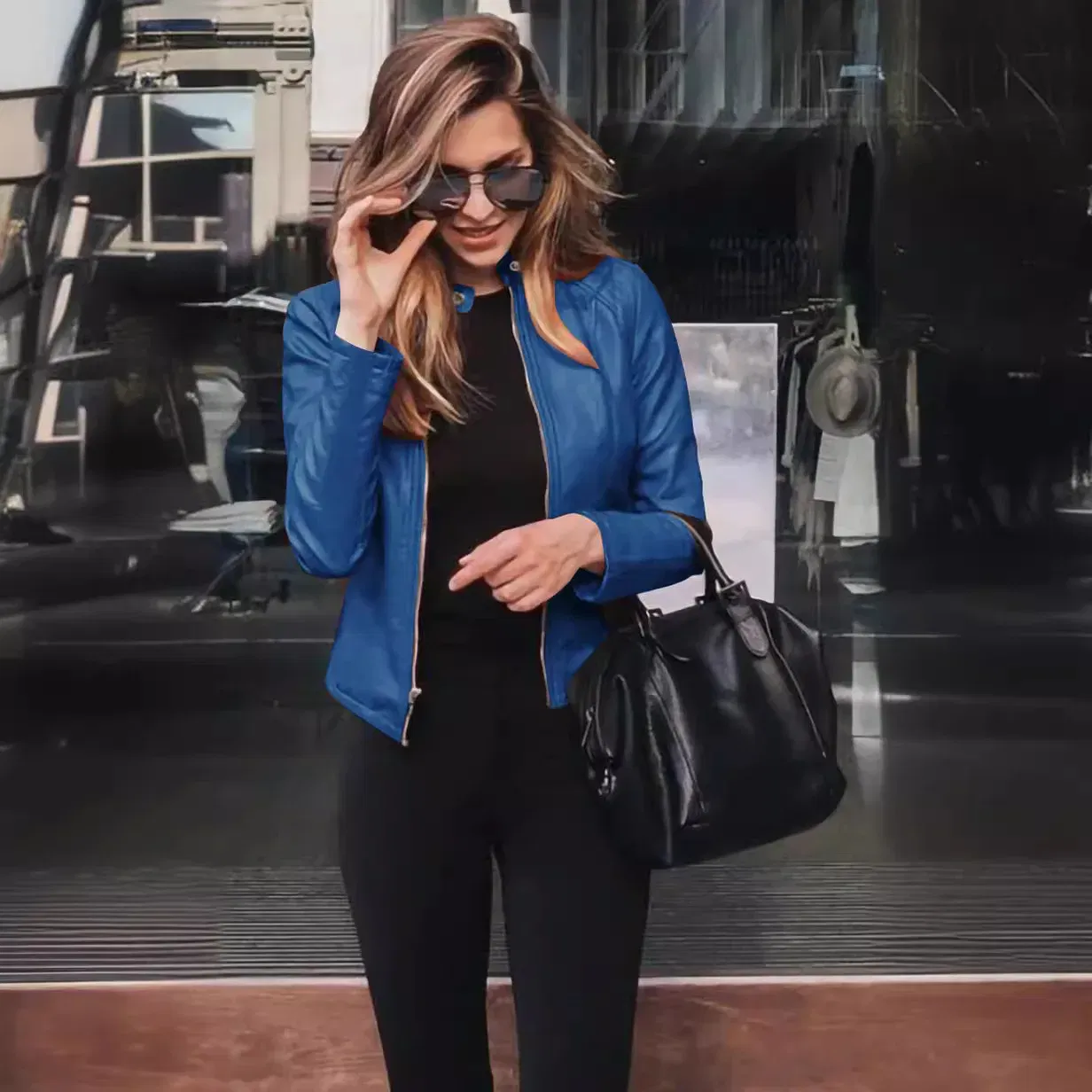Color: Navy Blue, Size: M - Womens Spring Full Long Sleeve Jacket Coat Autumn Leather Blazer Winter Zipper Outwear Suit Cardigan Female  Jackets