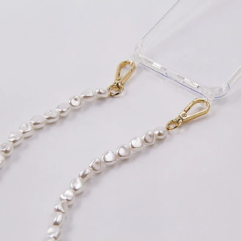 Color: cream, Bundle: Case & Strap, Material: NEOPRENE - DIY Luxury Pearl Chain Crossbody Strap Shockproof Acrylic Lanyard Phone Case for iPhone 14 13 12 PRO 15 Pro Max X XS 12 MINI