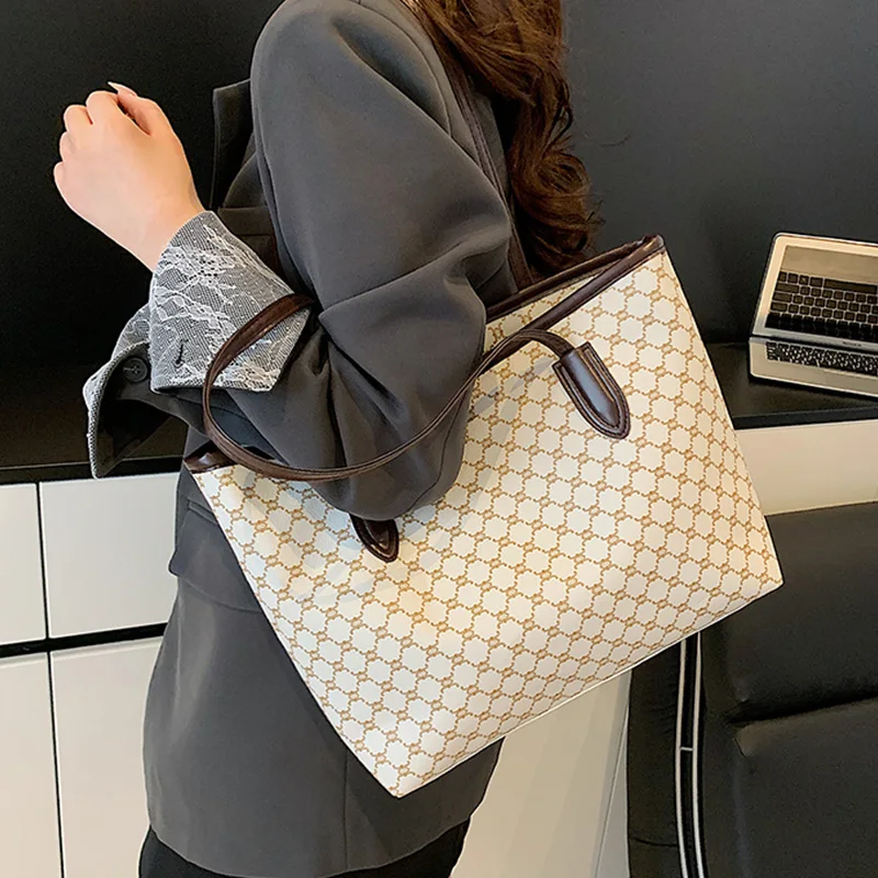 Color: Khaki - Fashion Women's Tote Bag Large Capacity Textile Printed Shoulder Bag,Lightweight&Durable with Smooth Zipper for Travel/Daily Use