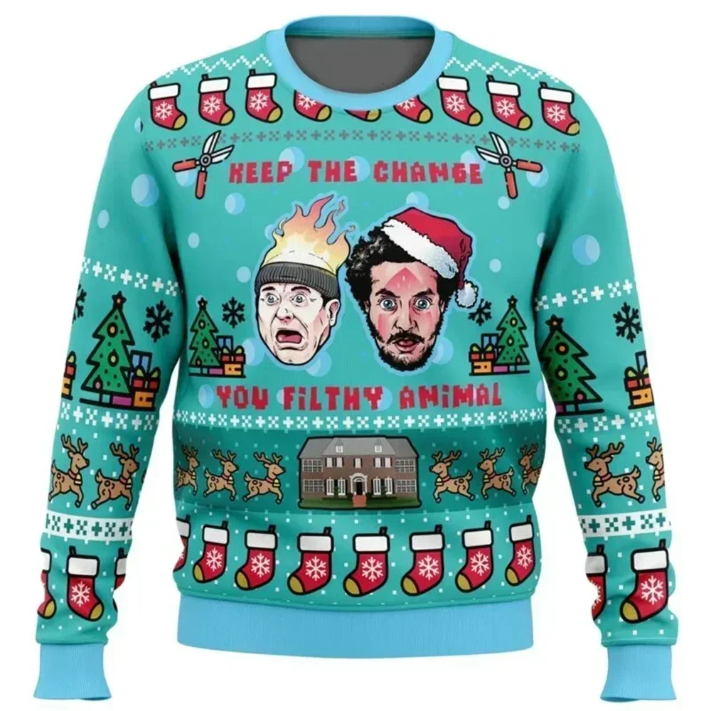Color: Red, Size: M - Home Alone Ugly Christmas Sweater Men Women Pullover Hot Sale Round Neck Long Sleeve Top Christmas Clothing 3D Funny Printed