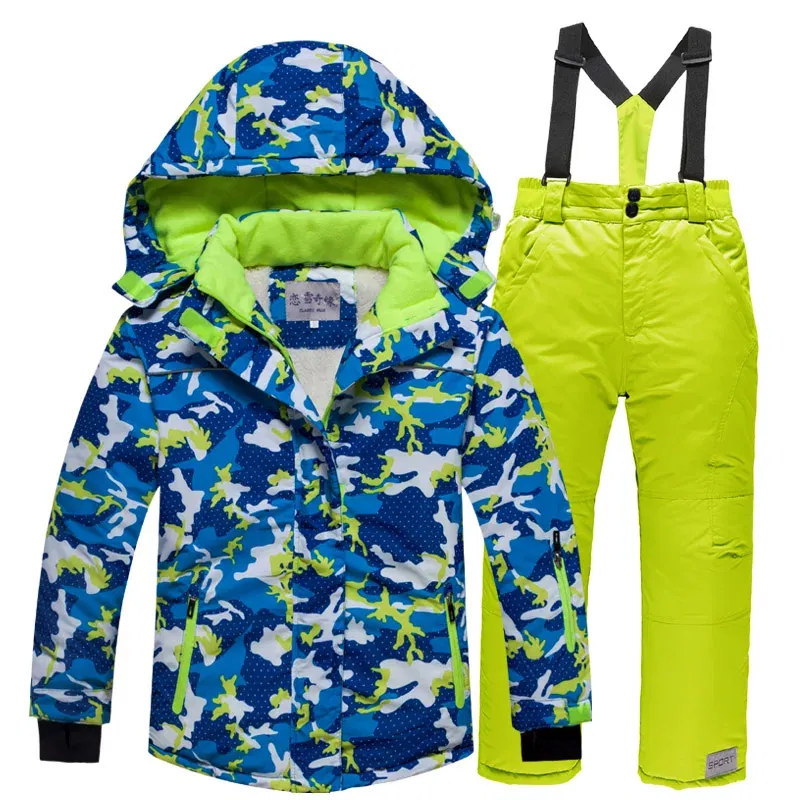 Color: SKY BLUE, Kid Size: 5 - RAISE -30 Degree Russian Winter Children Ski Suit Waterproof Plus Velvet Warm Hooded Coat Boy Overalls 3-20 Years Girl Snowsuits