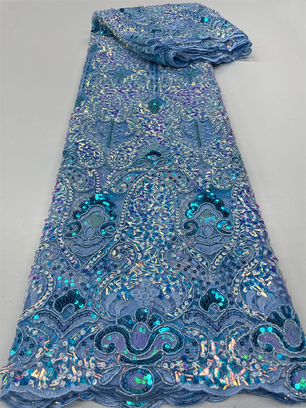 Color: PURPLE, Length: 3 YARDS, Width: 120cm - 2023 High Quality French Mesh Embroidery Sequins Lace Fabric African Nigerian Lace Fabric For Wedding Dress Sewing 3Yards QF154