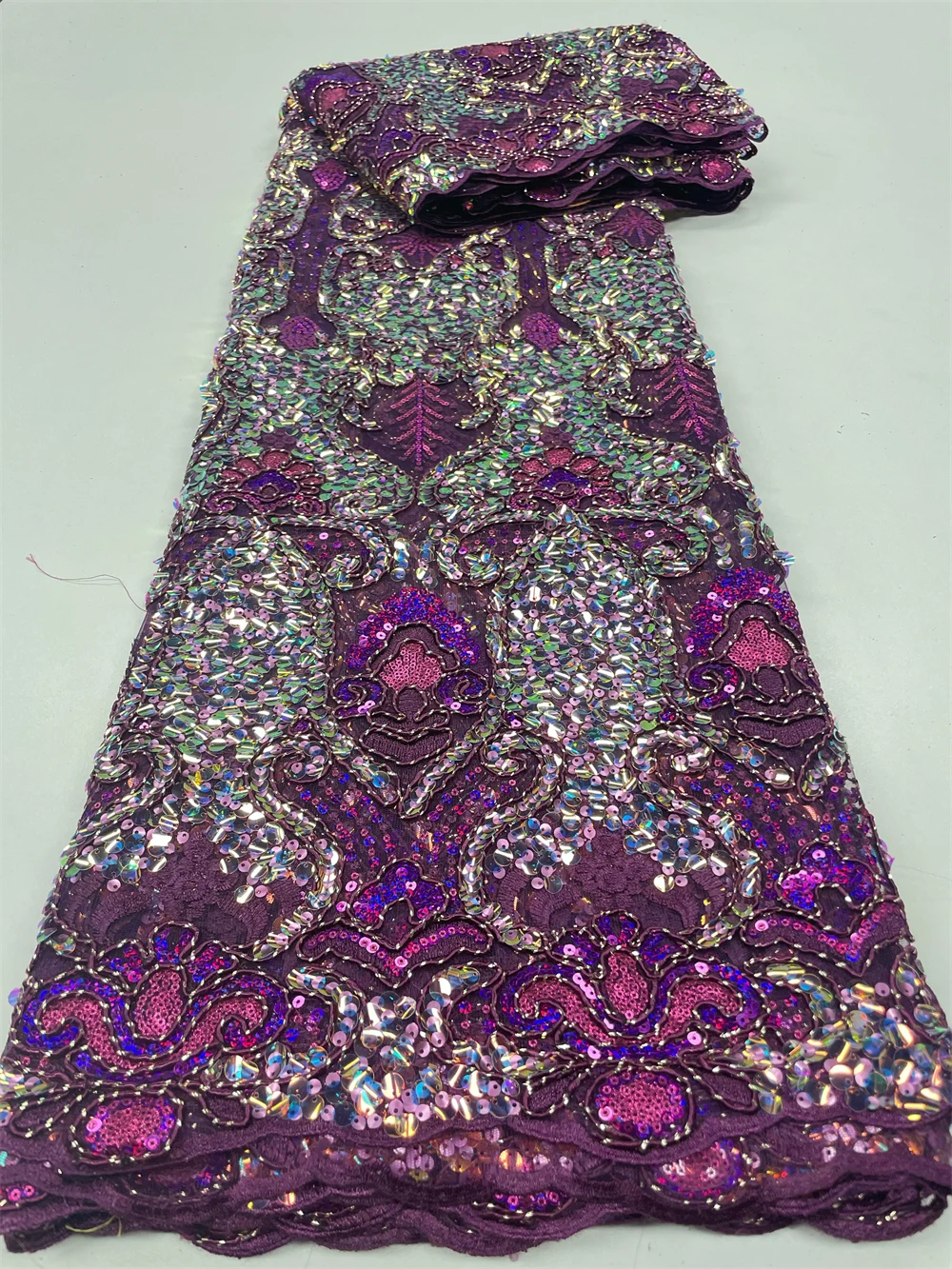 Color: PURPLE, Length: 3 YARDS, Width: 120cm - 2023 High Quality French Mesh Embroidery Sequins Lace Fabric African Nigerian Lace Fabric For Wedding Dress Sewing 3Yards QF154