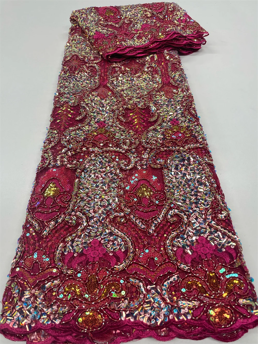 Color: PURPLE, Length: 3 YARDS, Width: 120cm - 2023 High Quality French Mesh Embroidery Sequins Lace Fabric African Nigerian Lace Fabric For Wedding Dress Sewing 3Yards QF154