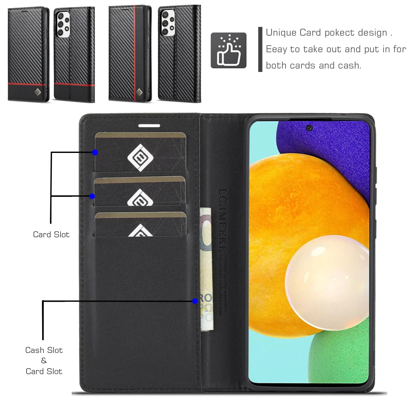 Color: Black, Material: Plastic - Carbon Fiber Leather Case for Samsung A14 A24 A34 A54 5G A13 A23 A33 A53 Galaxy A52 A72 A32 A12 A04S A02S Wallet Card Slot Cover