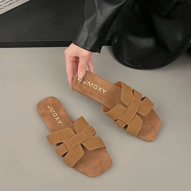 Color: Brown, Shoe Size: 42 - Summer New Women Slippers Flat Bottom Non-slip Outdoor Open Toe Beach Female Sandals Sexy Fashion Design Slides Woman Shoes
