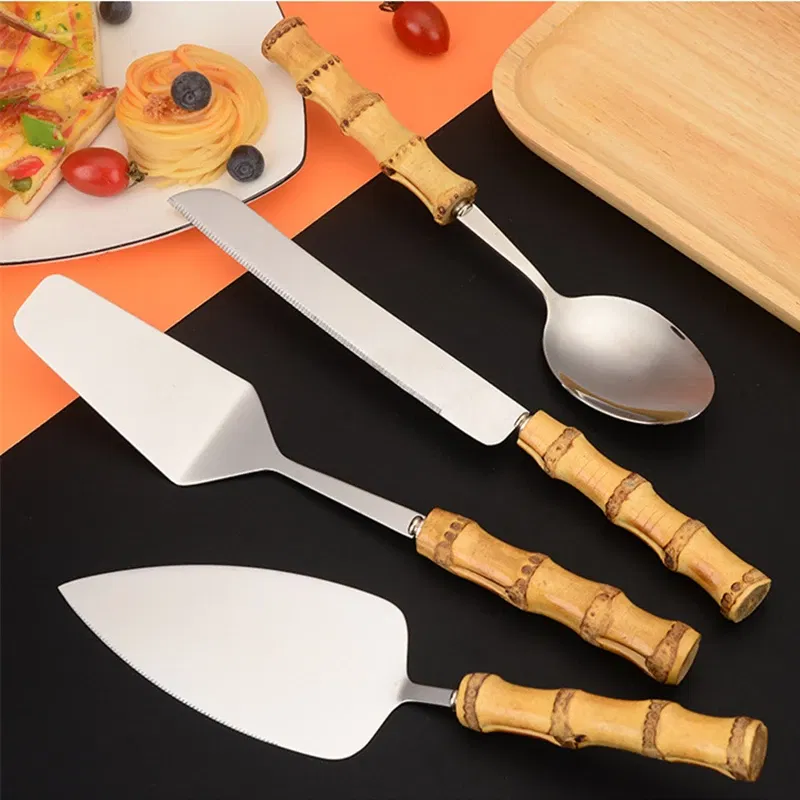 Color: Dark Khaki - Nature Bamboo Pizza Cake Shovel Triangular Spatula Set Steel Stainless Cheese Slicer Cutter Knife,Butter Knife