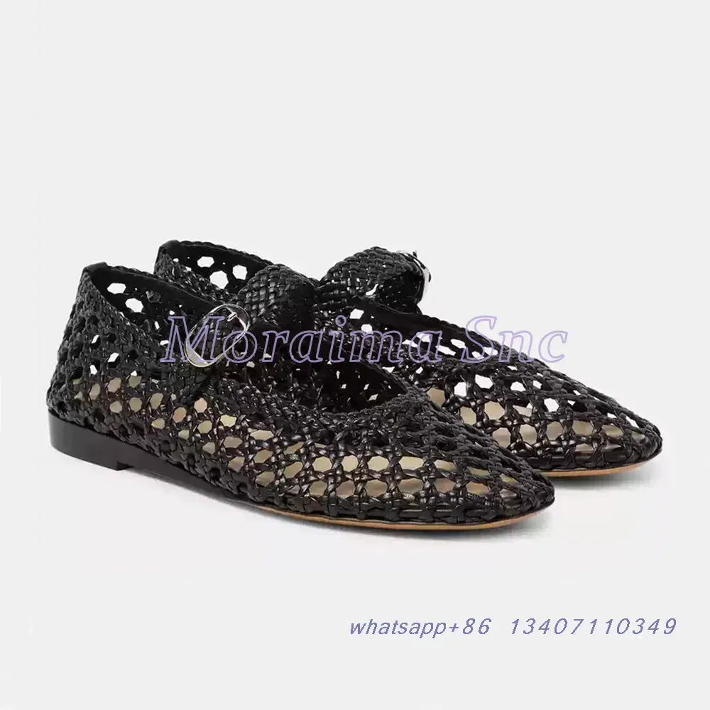 Color: Brown, Shoe Size: 39 - Hollow Woven Leather Ballet Shoes Flat With Round Toe Ankle Buckle Strap Fashion Shallow Women Shoes Mary Janes Summer New 2025