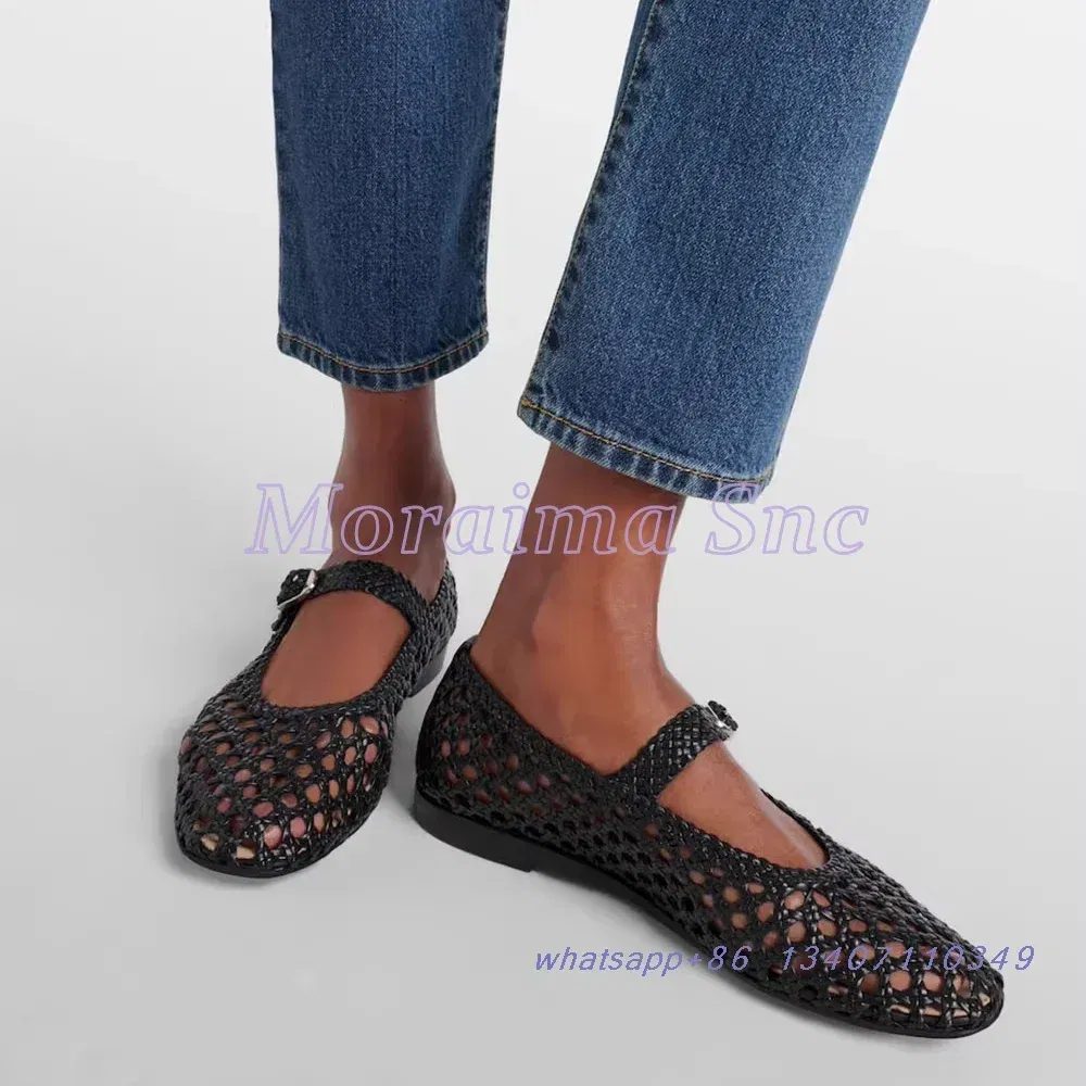 Color: Brown, Shoe Size: 39 - Hollow Woven Leather Ballet Shoes Flat With Round Toe Ankle Buckle Strap Fashion Shallow Women Shoes Mary Janes Summer New 2025
