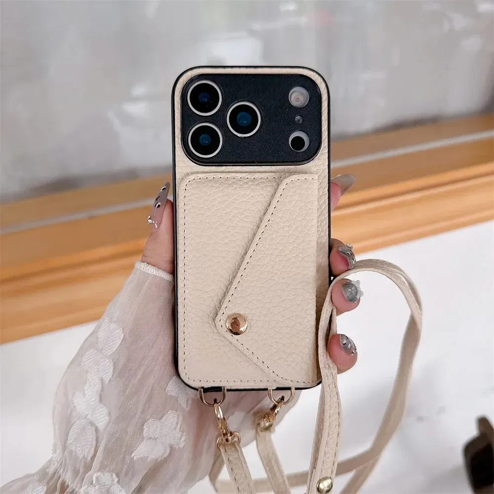 Material: Carbon Fiber, Color: Beige - Crossbody wallet card holder phone case For iPhone 17Air 16, 15, 14, 13, 12, 11 Pro Max, XR with lanyard protective cover
