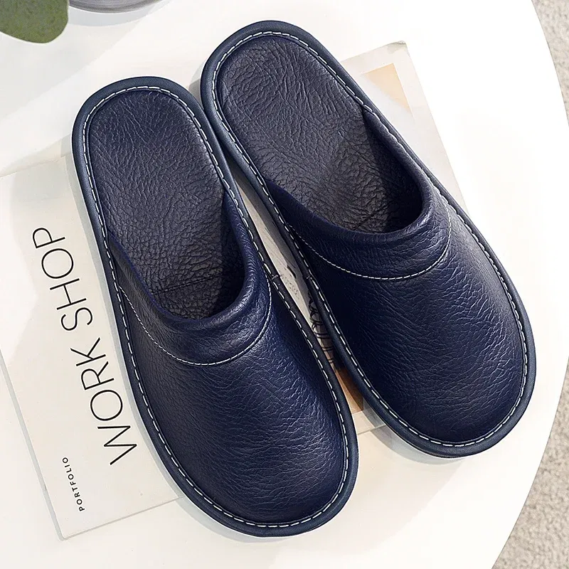 Color: Brown, Shoe Size: 6 - Mens Bedroom Leather Slippers Unisex Black Home Shoes Big Size 47 48 Man's Slippers Indoor Comfy Males Slides Family Flats Shoes