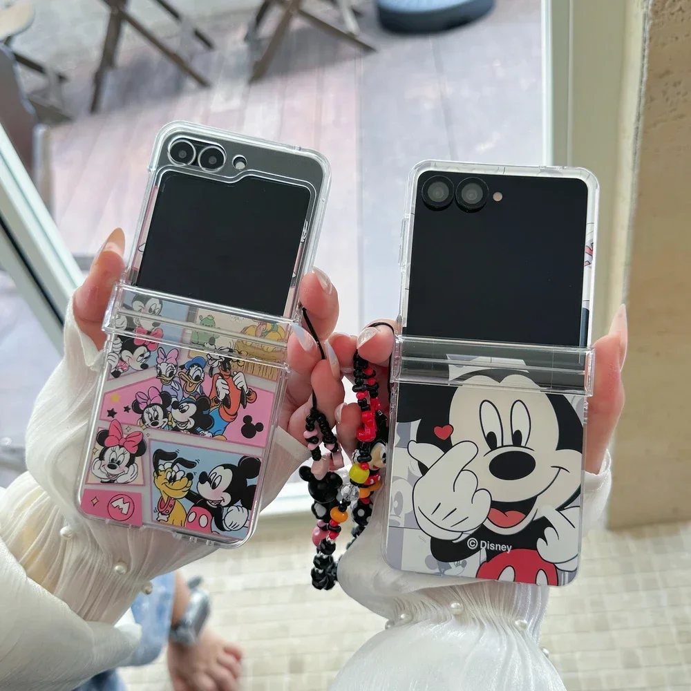 Material: Wood, Color: black - Cute Cartoon Disney Mickey Minnie Mouse Phone Case For Samsung Galaxy Z Flip 7 6 5 4 3 Stand Holder Case Hard Cover With Lanyard