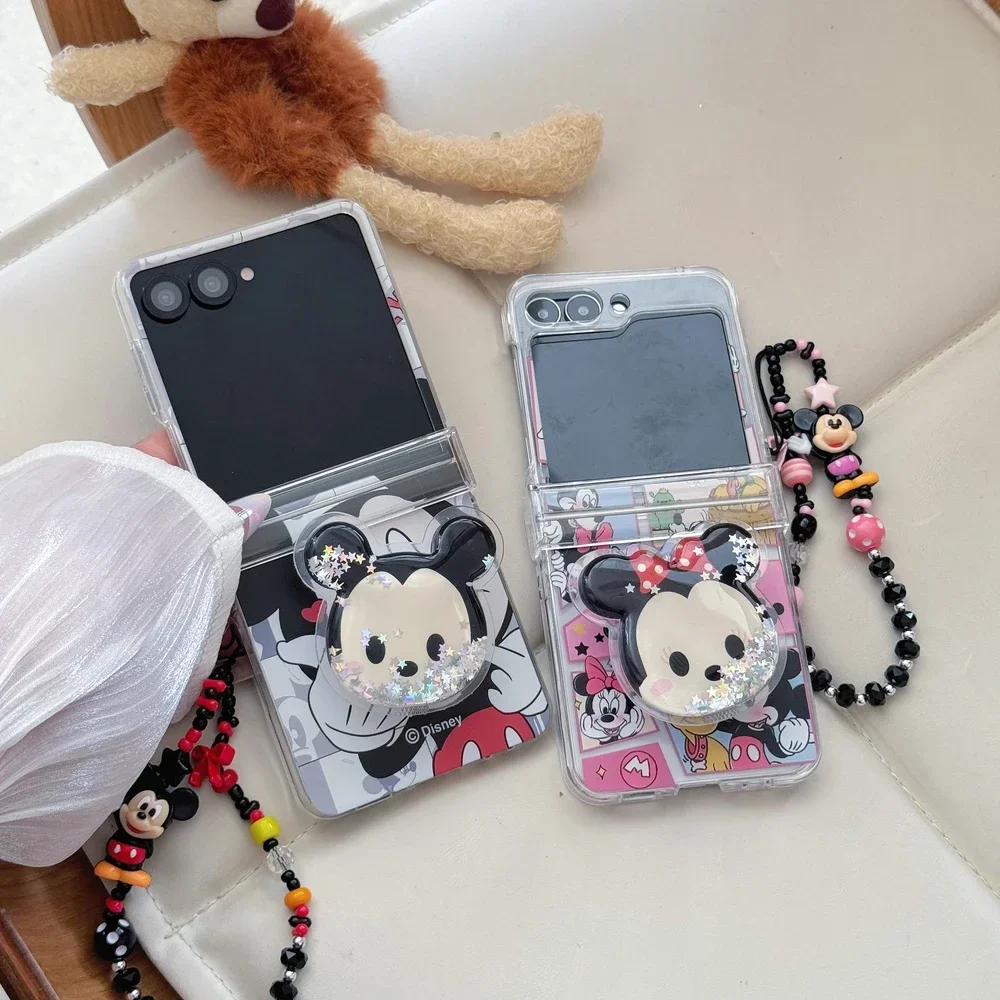 Material: Wood, Color: black - Cute Cartoon Disney Mickey Minnie Mouse Phone Case For Samsung Galaxy Z Flip 7 6 5 4 3 Stand Holder Case Hard Cover With Lanyard