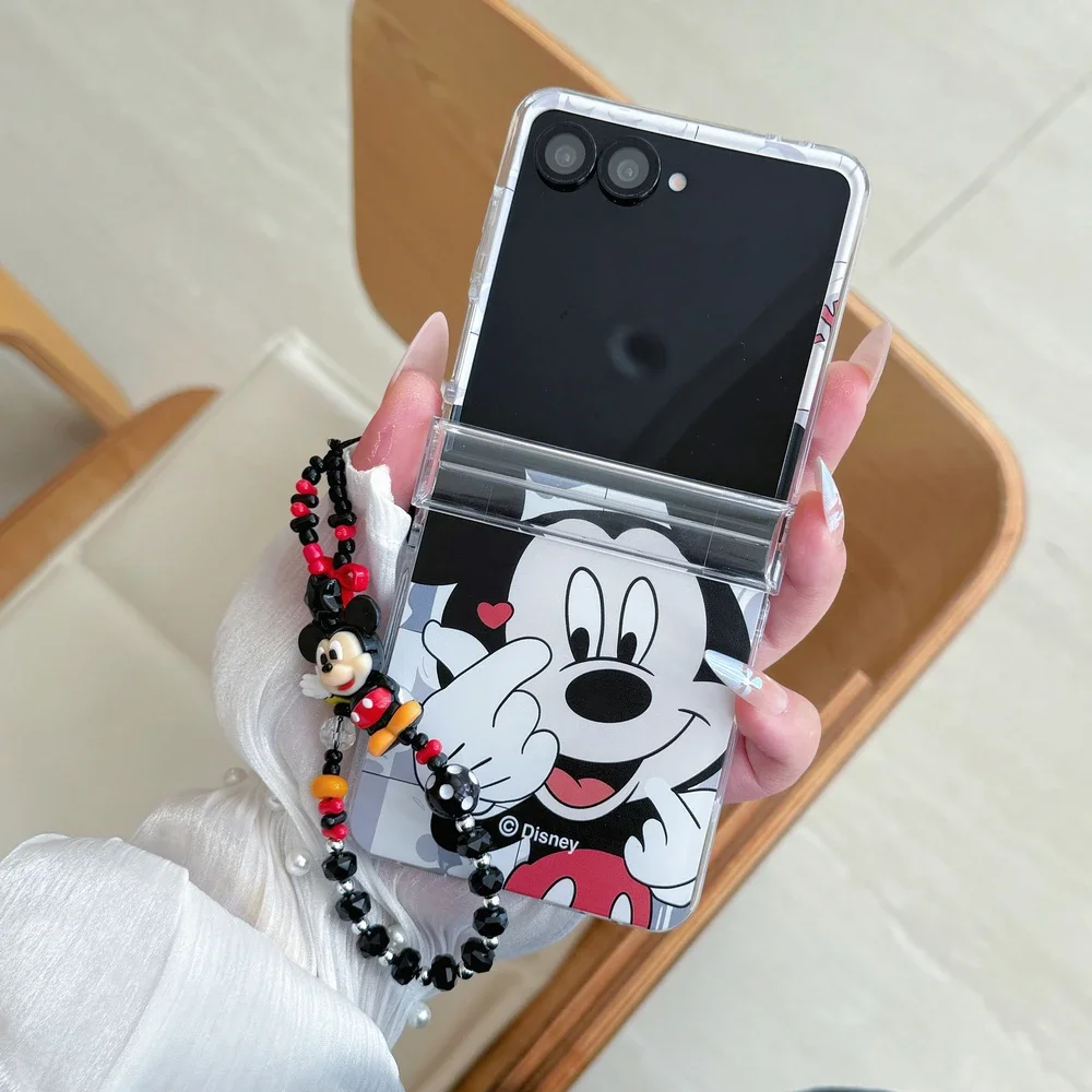Material: Wood, Color: black - Cute Cartoon Disney Mickey Minnie Mouse Phone Case For Samsung Galaxy Z Flip 7 6 5 4 3 Stand Holder Case Hard Cover With Lanyard